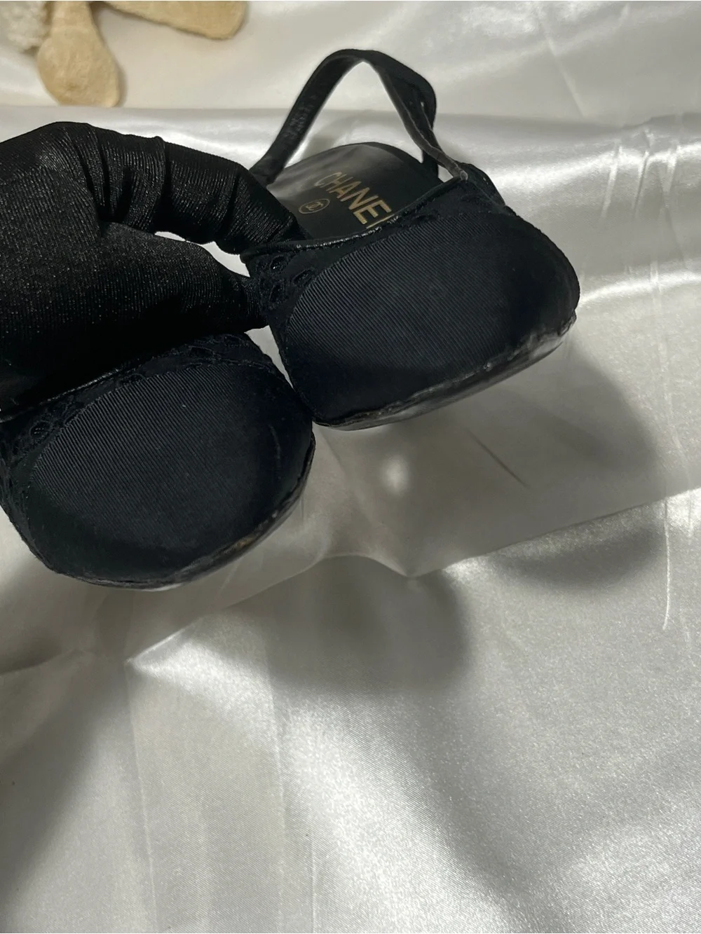 CHANEL Black Slingback Lace-Trim Pumps